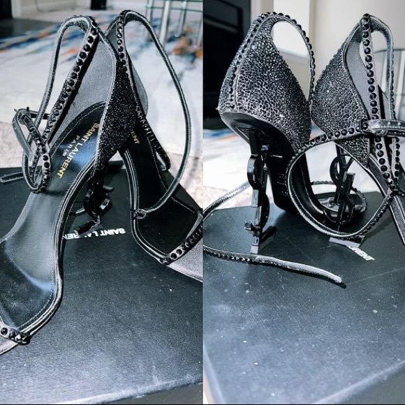 YSL HEELS WITH BLACK RHINESTONES